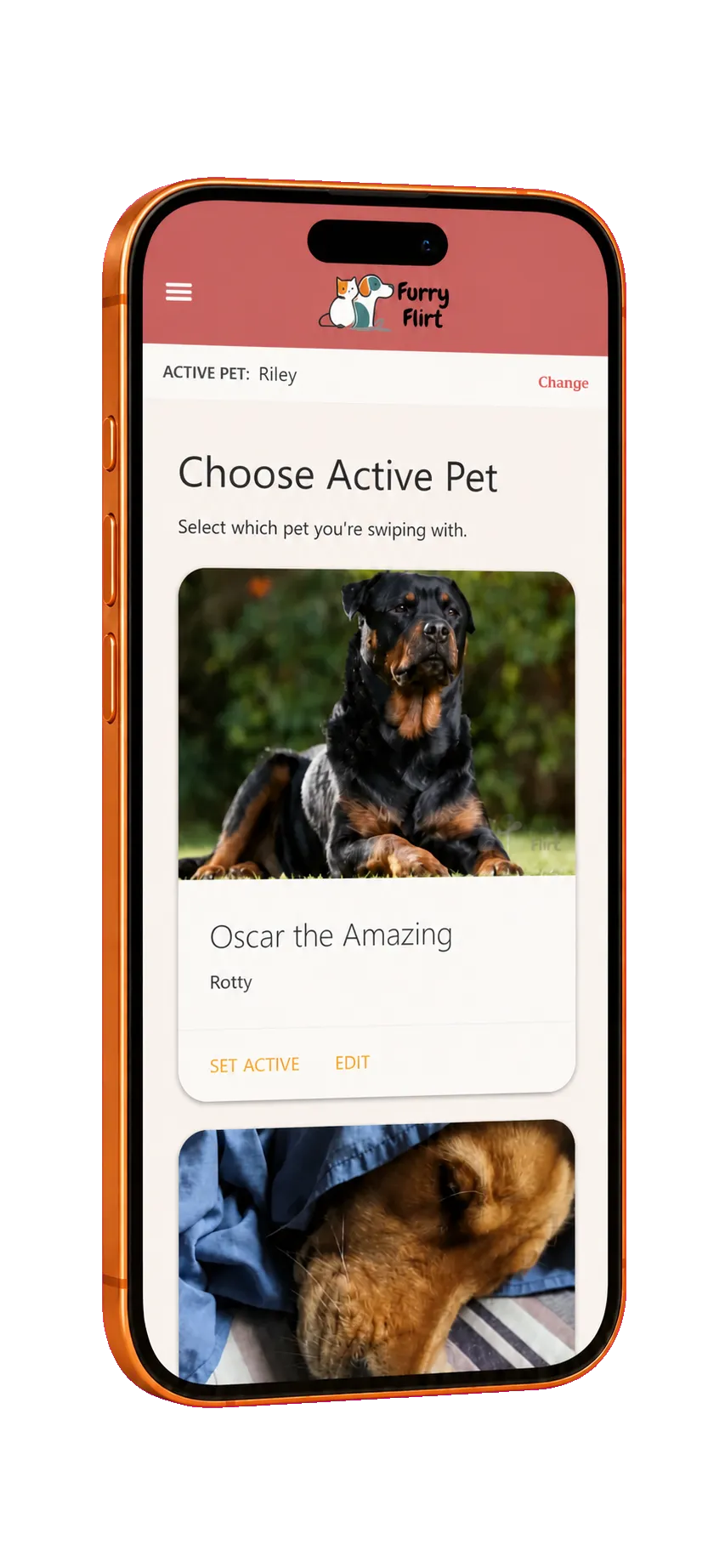 FurryFlirt pet profile displayed on an orange iPhone