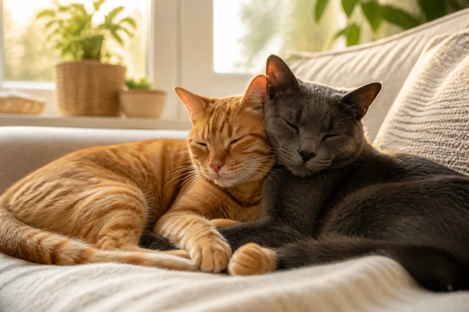 Two cats resting together in calm companionship